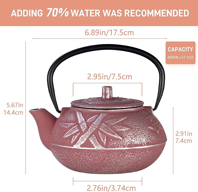 27oz Small Cast Iron Teapot, SECHUDO Pink Tea Kettle for Stovetop, Japanese Tea Pot with Stainless Steel Infuser for Loose Tea, Enameled Interior, Good Gift for Tea Lovers(800ML)