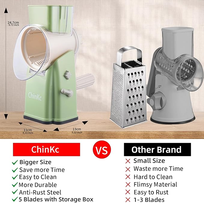Rotary Cheese Grater Shredder - Upgraded 5 in 1 Cheese Grater with Handle and Strong Suction Base, Multi-purpose Julienne Slicer Ice Shaver Nuts Grinder for Ice, Vegetables, Fruit, Nuts