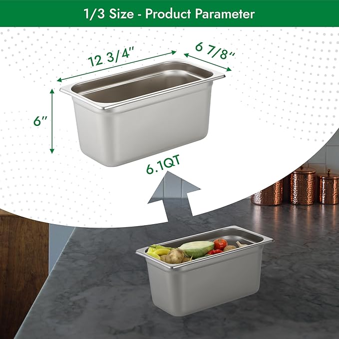 HECMAC 6 Pack Anti-Jam Hotel Pans, 1/3 Size 6 Inch Deep, Commercial Stainless Steel Chafing Steam Table Pan, Catering Storage Metal Food Pan, 23 Gauge