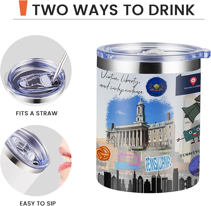 12oz Coffee Mug Pennsylvania State Insulated Coffee Cups, United States Map Travel Mug Landmark, Birthday Gifts Cute Mugs with Lid and Straw Gifts for Mom