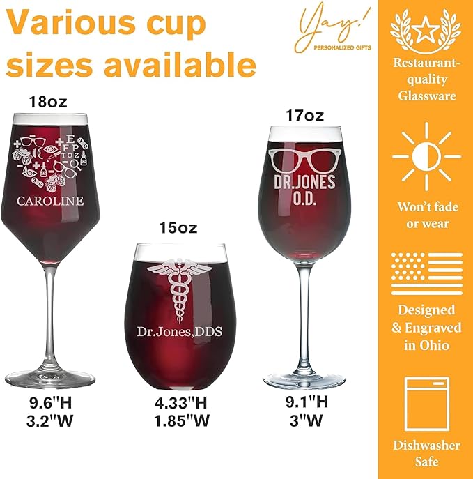 Custom Ebgraved Wine Glass - Personalized Gifts for Eye Doctors, Graduation Gift for Dental Student, Birthday Appreciation Gift for Best Ophthalmologist (Wine, Eye Doctor)