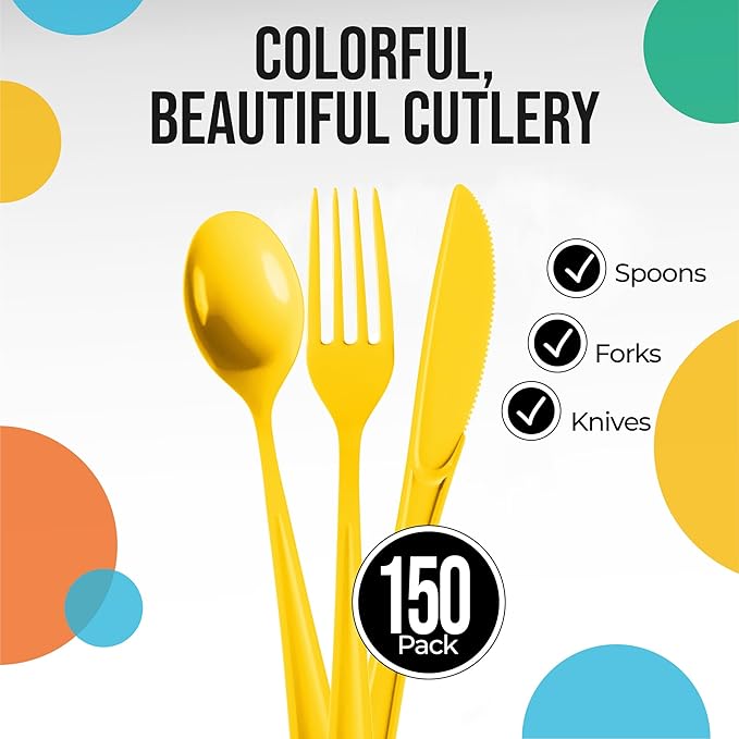 Party Solids Yellow Plastic Silverware Heavy Duty 150 Pieces Yellow Disposable Silverware Heavy Duty, Utensil Sets, 50 Of Each Forks, Knives & Spoons Disposable Cutlery Set For Party Supplies