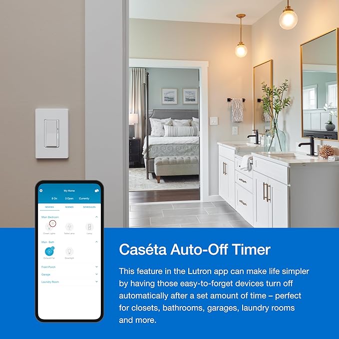 Lutron Diva Smart Dimmer Light Switch with Wallplate for Caseta Lighting (Lutron Smart Hub Required), for LED Lights, 150W, Single-Pole/3-Way, No Neutral, White (DVRFW-6L-WH-A)
