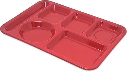 Carlisle FoodService Products Plastic Meal Tray Left-Handed Heavyweight Lunch Tray with 6-Compartments for Schools, Cafeterias, and Dining Halls, Melamine, 14 x 10 Inches, Red, (Pack of 12)