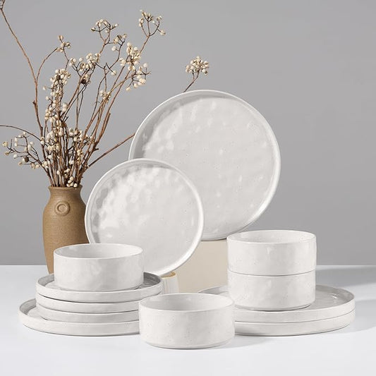 HaWare Dinnerware Sets, 12-Piece Plates and Bowls Set, Stoneware Dish Set for 4, Ceramic Dinnerware for Home Restaurant, Chip and Scratch Resistant, Microwave and Dishwasher Safe, Speckled White