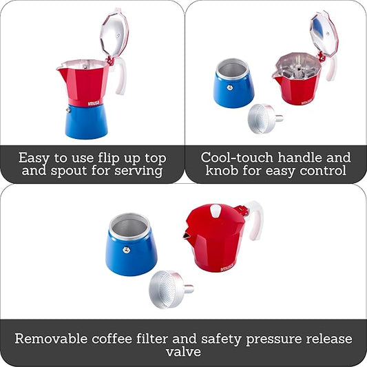 IMUSA Stovetop Espresso Maker 6 Cup – Cast Aluminum Moka Pot Caribbean Colors Edition Red Blue White – Cafetera Italiana Espresso Cuban Coffee Maker