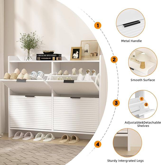White Shoe Storage Cabinet for Entryway with 4 Flip Drawers, Narrow Wood Shoe Rack Cabinet,Hidden Slim Shoe Storage Freestanding Shoe Organizer Cabinet for Hallway