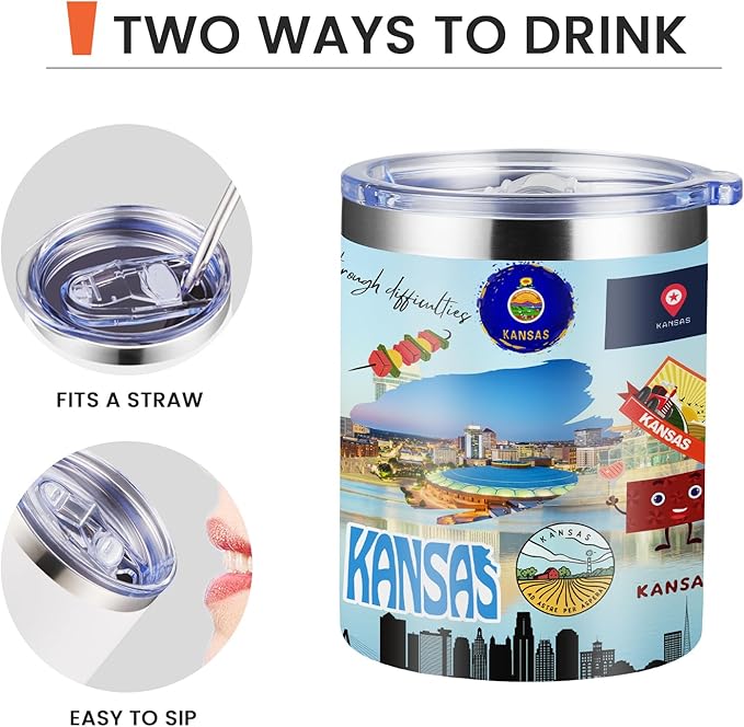 12oz Coffee Mug Kansas State Insulated Coffee Cups, United States Map Travel Mug Landmark, Birthday Gifts Cute Mugs with Lid and Straw Mothers Day Gifts
