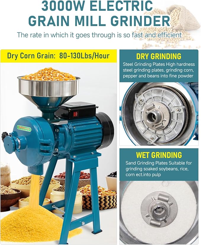 NAIZEA Electric Grain Mill Grinder, 3000W Wet & Dry Corn Mill Grinders,Commercial Flour Mill Machine with Funnel, Feed Grinders for Corn, Wheat, Rice, Coffee, Cereals(Wet Dry Grinder)