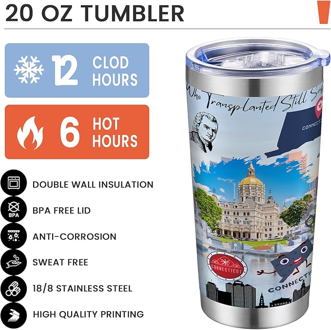 20oz Insulated Tumbler Connecticut State Coffee Mug, United States Map Travel Mug Landmark, Birthday Gifts Cute Custom Tumbler Cups with Lid and Straw Mothers Day Gifts