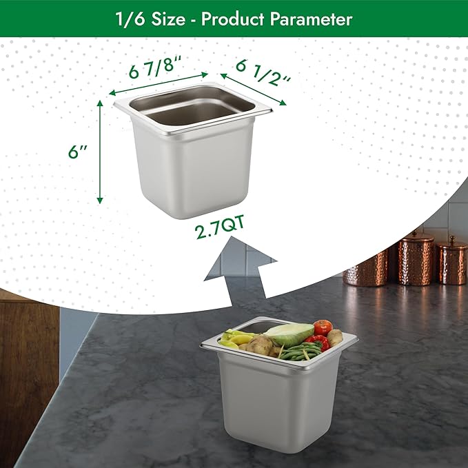 HECMAC 6 Pack Anti-Jam Hotel Pans, 1/6 Size 6 Inch Deep, Commercial Stainless Steel Chafing Steam Table Pan, Catering Storage Metal Food Pan, 23 Gauge