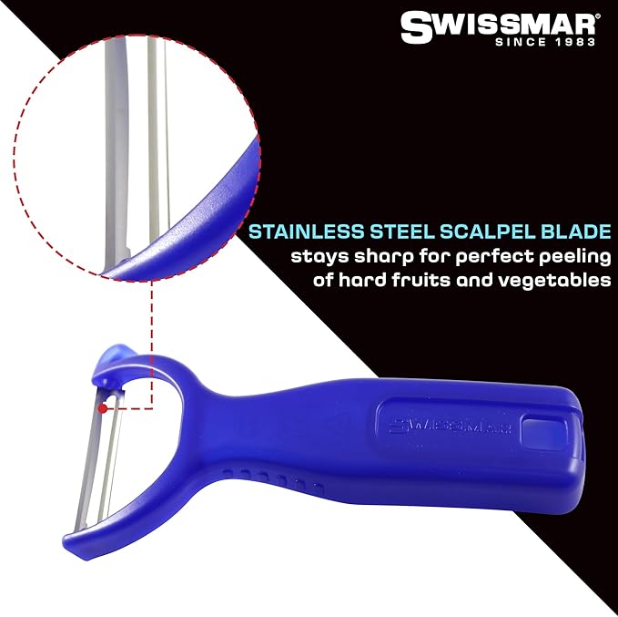 Swissmar Y Peeler with Stainless Steel Scalpel Blade - Perfect for Potato, Vegetable, Fruit, Carrot, Apple, Mango Peeler for Kitchen - Plastic Blade Protector Included - Blue