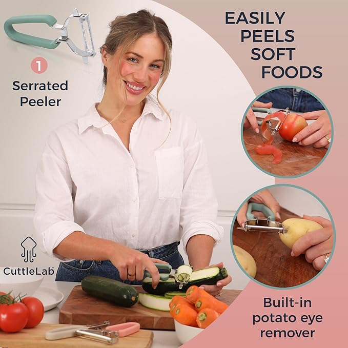 Vegetable Peeler Set – Serrated, Straight & Wide Blades- great apple peeler & potato peelers, Carrots, Zucchini, Cucumbers – Soft Grip Handle- Eye Remover – Dishwasher Safe (3, Country Chic)
