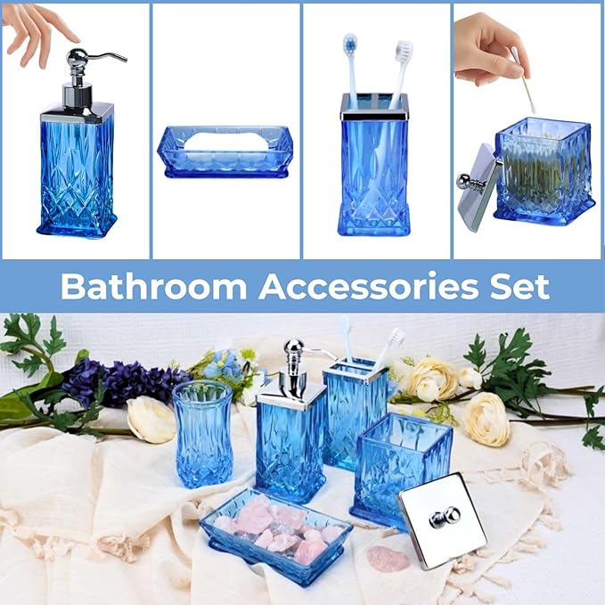 Bathroom Accessories Set,5 Pcs Blue Glass Bathroom Accessory Set,Complete Lotion Soap Dispenser, Toothbrush Holder,Soap Dish,Tumbler & Jar,Modern Bathroom Decor Sets,Gift for Home Apartment,Square