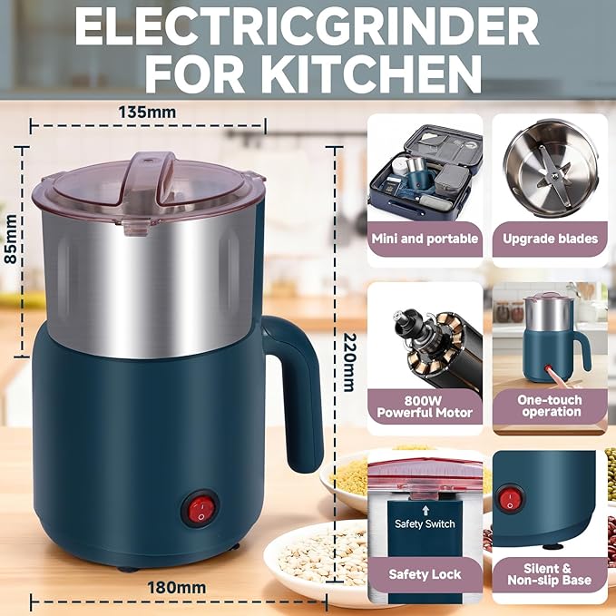 Electric Spice Grinder - 800W Versatile Grain Dry Grinder for Kitchen, Safety and Overheating Dual Protection, Suitable for Grinding Spices, Coffee, Herb, Grain