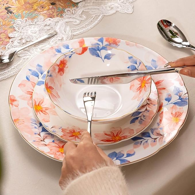 Exquisite ceramic tableware 3 Piece Bone China Modern Round Dishes Sets,Dinnerware dishset for Kitchen,Dinner Plate,Dessert Plate,Soup Bowl,Red flowers