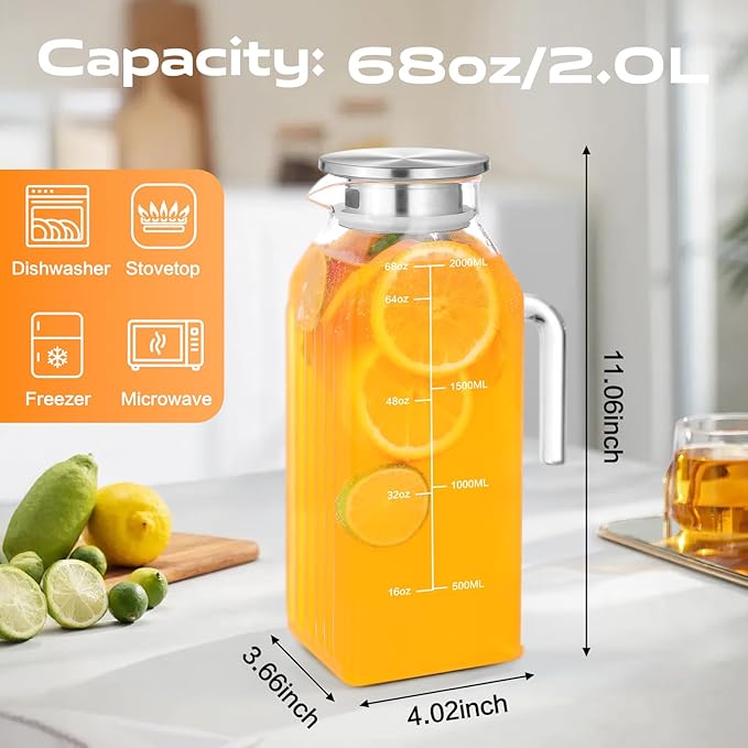 Aofmee 68oz Glass Pitcher for Fridge, 2 Liter Square Water Pitcher with Lid and Handle, Heat Resistant Tea Pitchers, Borosilicate Glass Carafe with Scale Line for Hot/Cold Beverage