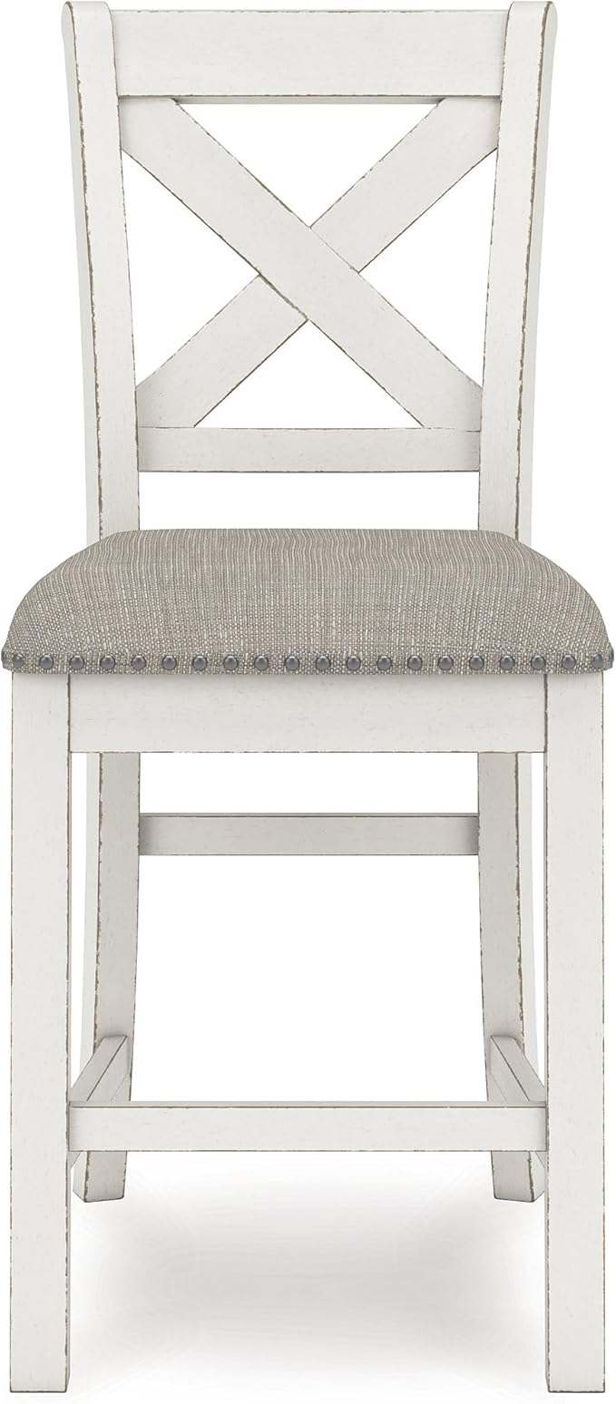 Signature Design by Ashley Robbinsdale Farmhouse Upholstered Barstool, Set of 2, X-Back, Nailhead Trim, Wood, 24.75" H, White & Light Gray