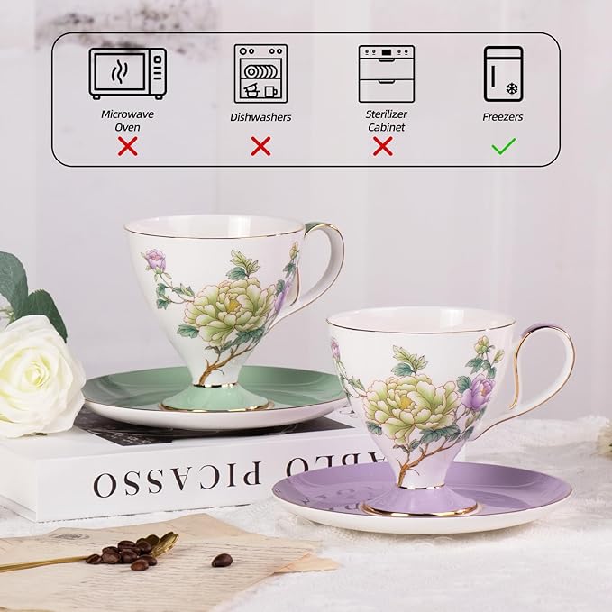 KAMMAK Ceramic Coffee Cups Saucers Set of 2, Porcelain Espresso Cups with Saucers, 8.12 oz Handcrafted Elegant Bone China Tea Cups, Purple Purple & Mint Green Flower Teacup for Party, Office, Gift