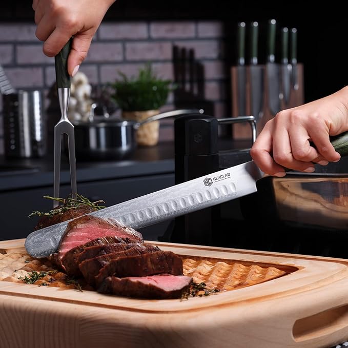 HexClad Hybrid Beechwood Carving and Cutting Board with Stainless Steel Drip Tray, Carrying Handle, and Juice Trenches, Double-Sided