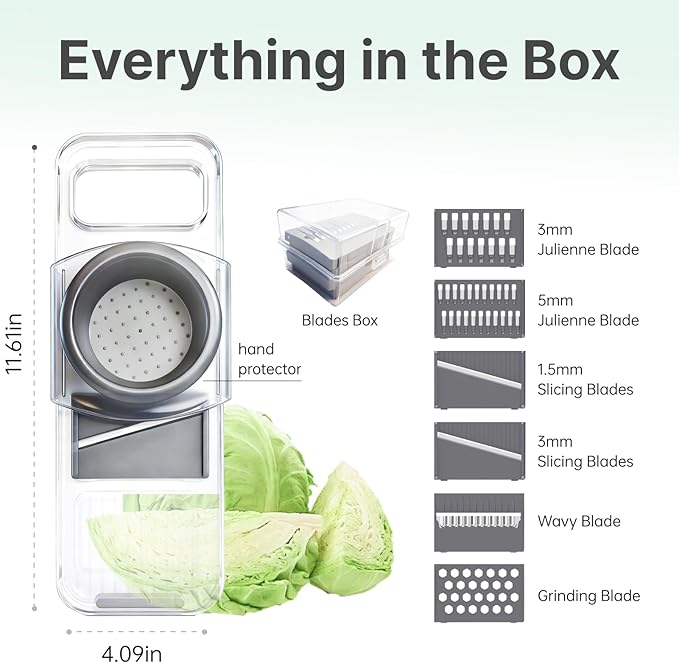 Mandoline Slicer for Kitchen, 6-in-1 Vegetable Cutter with Safe Hand Guard, One-Piece Transparent Body, Easy-Clean Design & Compact Storage for Salad Prep, Chips, Fruits & Daily Cooking