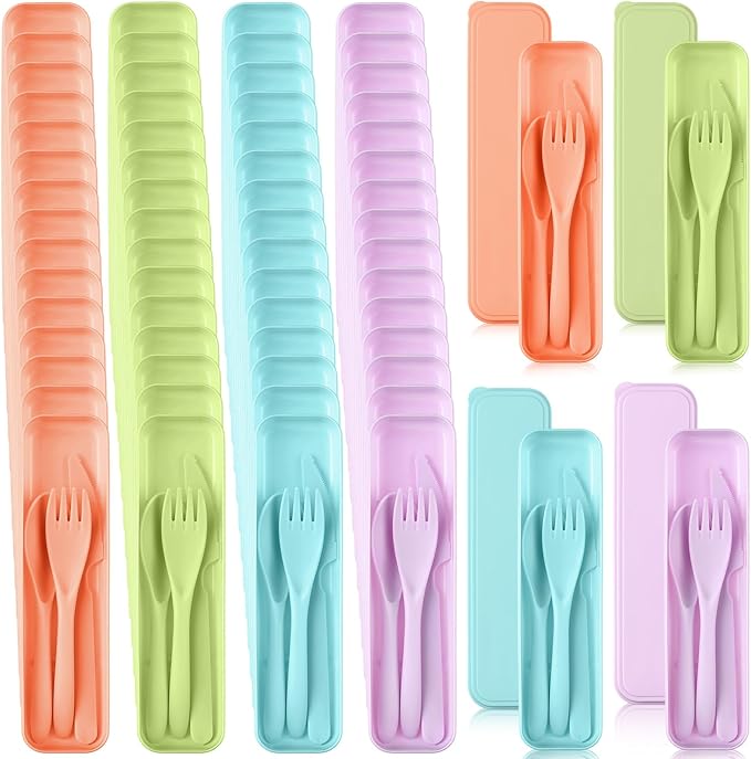 Jinei 50 Sets Reusable Travel Utensils Set with Case Wheat Straw Cutlery Portable Spoon Knife Forks Lunch Box Accessories Friendly Tableware for Kids Adults Camping Utensils(Macaron Color)
