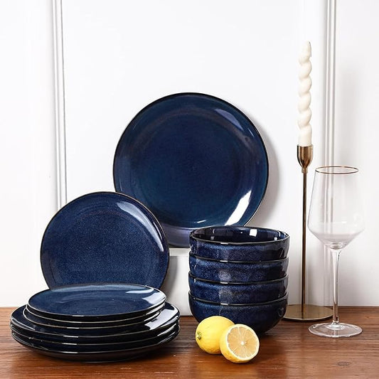 Vicrays 12-Piece Ceramic Dinnerware Set, Dinner Plates, Salad Plates & Cereal Bowls, Dish Set for 4, Microwave, Oven & Dishwasher Safe, Scratch Resistant, Blue