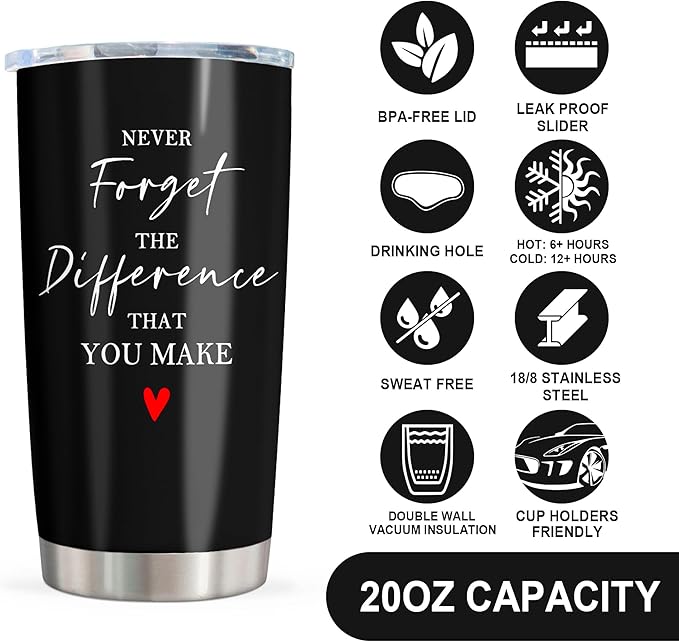 Christmas Thank You Gifts for Women/Men, Teacher/Employee Appreciation Gifts, Retirement Gift for Woman, Farewell Gift for Coworkers, Never Forget The Difference You Make Tumbler 20oz