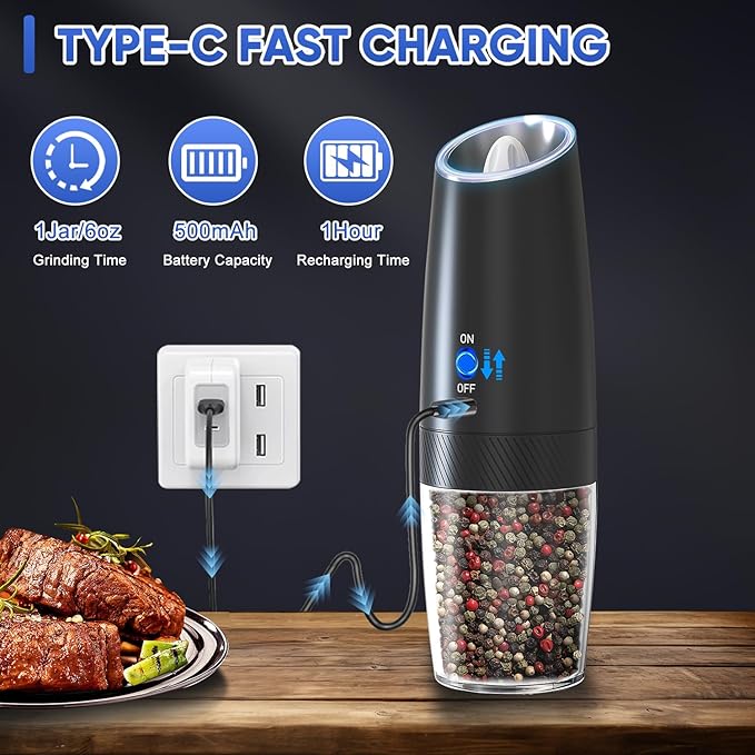 Gravity Electric Pepper and Salt Grinder Set, Adjustable Coarseness, With LED Light, One Hand Automatic Operation, 2 Pack (Black and white)
