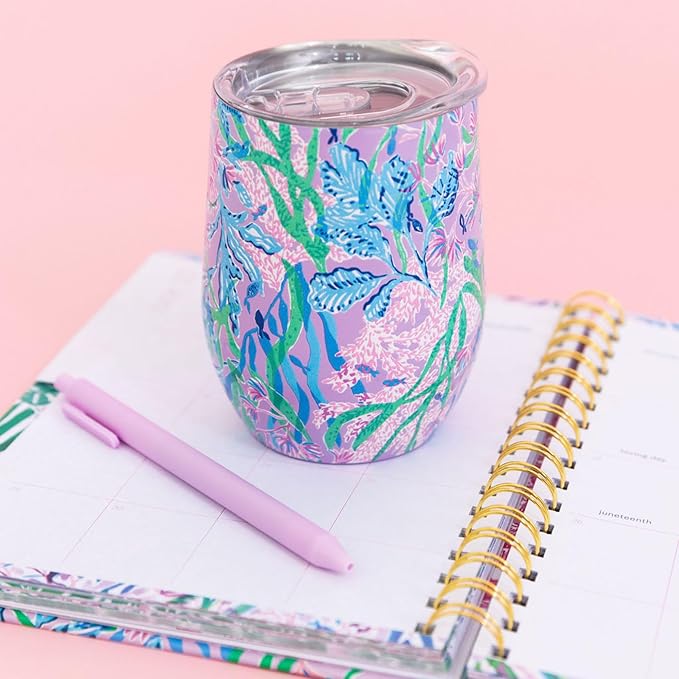 Lilly Pulitzer 12 Oz Insulated Tumbler with Lid, Yellow/Green Stainless Steel Travel Wine Glass, Double Wall Metal Cup (Secret Escape)