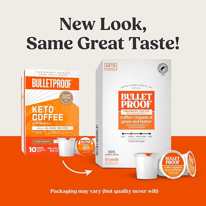 Bulletproof Coffee + Organic Grass-Fed Butter Single-Serve Pods, 10 Count, Keto Coffee, All-in-one Recipe with MCT Oil and Butter, Packaging May Vary (Pack of 2)