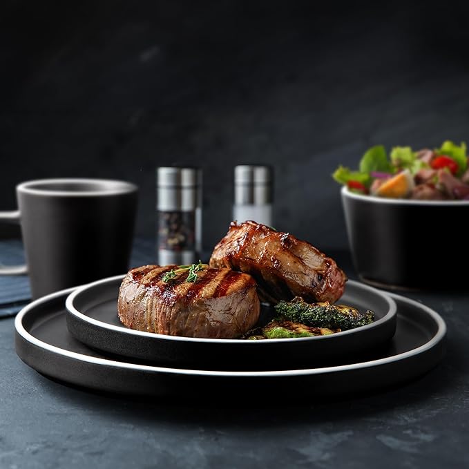Zulay Kitchen Terra Stoneware 32-Piece Dinnerware Set, Artisanal Ceramic Plates and Bowls Set Crafted at 2300℉ - Service for 8, Black Matte with White Rim