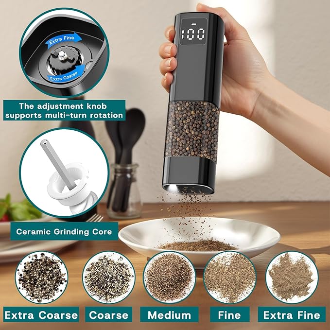 Upgraded Larger Capacity Electric Salt and Pepper Grinder Set Rechargeable with Digital Display, Refillable Electric Pepper Grinder Mill Set with Light & Ceramic Core, Adjustable Coarseness