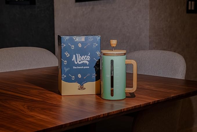 French Press 34 oz Coffee Maker, Mint Green Thick Borosilicate Glass, Bamboo Handle, 2-Layer Stainless Filter and cover, Easy Clean, Eco-Friendly Gift ready Set