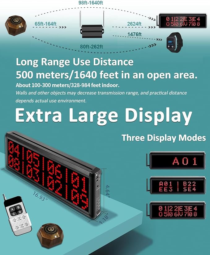 Restaurant Pager System 1600+ Feet Wireless Calling System with 1 Display Screen/1 Remote Control/2 Waterproof Watch Pagers/15 Call Buttons for Restaurant Customer Service (400D+X1-15+200E)