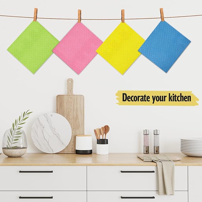 Swedish Dishcloths for Kitchen | 10 Pack Cellulose Sponge Dish Cloths Washable | Non-Scratch Reusable Towels Rags Ultra-Absorbent Cleaning Cloths Quick Drying