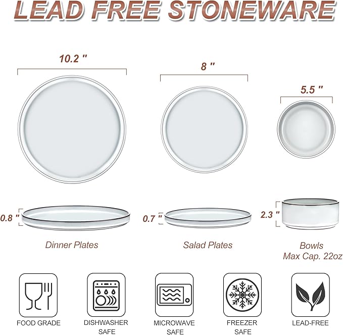 LIANYU Plates and Bowls Dinnerware Sets for 8, 24 Piece Stoneware Tableware Dishes Set Includes Dinner Dessert Plate Cereal Bowl, Rustic Terracotta Underside, Dishwasher & Microwave Safe, Lucent White