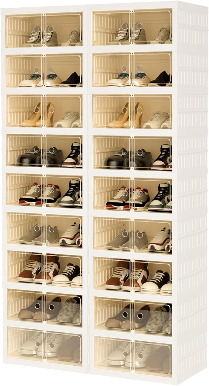 Foldable Shoe Organizer Storage Box Set of 2, Portable Extra Large Folding Shoe Rack for Closet, Shoe Storage Box with Magnetic Transparent Door and Wheels, 9 Layers 18 Grids