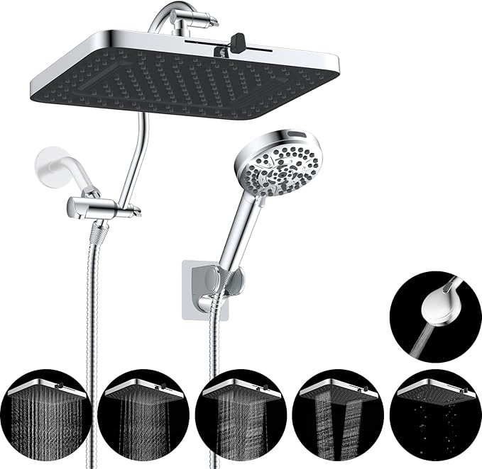 Hibbent cUPC Certified High Pressure 13'' Dual Shower Head Combo with 10-mode Handheld Spray, Upgraded Rainfall 5-spray Shower Head, 12'' Adjustable Extension Arm, 71'' Hose, Showerhead Holder, Chrome