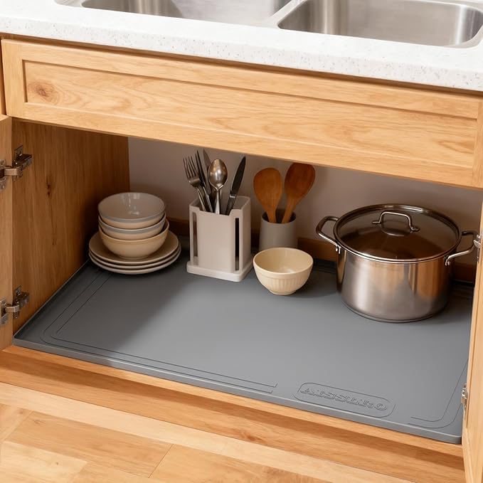 Under Sink Mat 28" X 19", Waterproof Silicone Under Sink Mats for Kitchen, Anti-Leak Shelf Liner & Cabinet Protector with Raised Edge, [BPA Free] Bathroom Tray Home Organizer, Grey