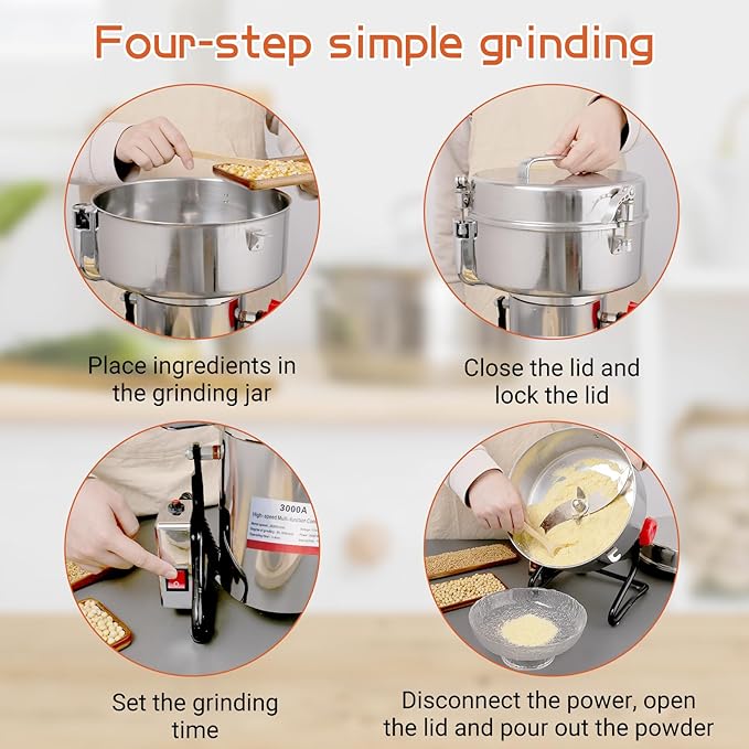 Electric Grain Mill Grinder 3000g Stainless Steel Pulverizer 36000r/min High-speed Grain Mill 4000W Dry Material Grinding Machine 270° swingable Superfine powder for Home and Commercial