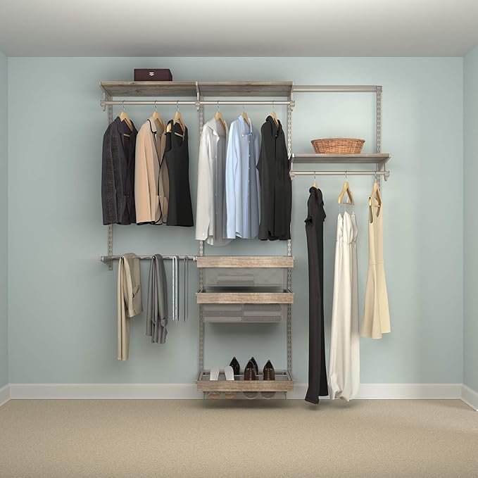 Knape & Vogt Closet Culture Organization System with 4 Driftwood Wood Shelves, 6 feet