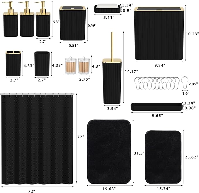 Bathroom Accessory Set - Bathroom Set, 27PC Bathroom Accessories Set, Black Bathroom Sets with Shower Curtain and Rugs, Mini Trash Can, Toilet Brush, Trash Can & Soap Dispenser