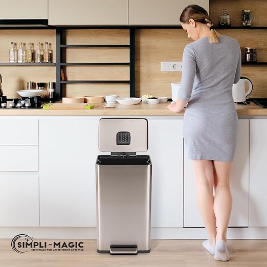 SIMPLI-Magic 13.2 Gallon (50L) Step Trash Can – Kitchen Garbage Can with Slow-Close Lid – Odor Control, Hands-Free, Easy to Clean, Brushed Stainless Steel (Rose Gold)