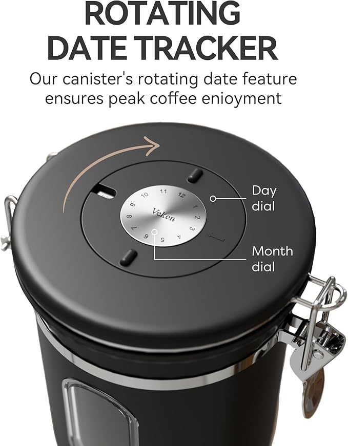 Veken Coffee Canister set with Window, Airtight Stainless Steel Kitchen Food Storage Container with Date Tracker and Scoop for Grounds Coffee, Beans, Tea, Flour, Cereal, Sugar, 22&16OZ,Black
