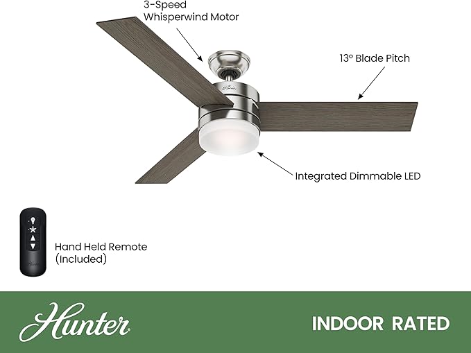 Hunter 54in Contemporary Ceiling Fan with Remote Control in Brushed Nickel (Renewed)