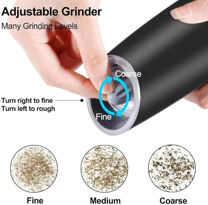 Gravity Electric Salt and Pepper Grinder Set - 2 Pack Automatic Mills with Adjustable Coarseness, LED Light, Battery Powered, One-Handed Use (Black) (Black+Black (Includes Cleaning Brush))