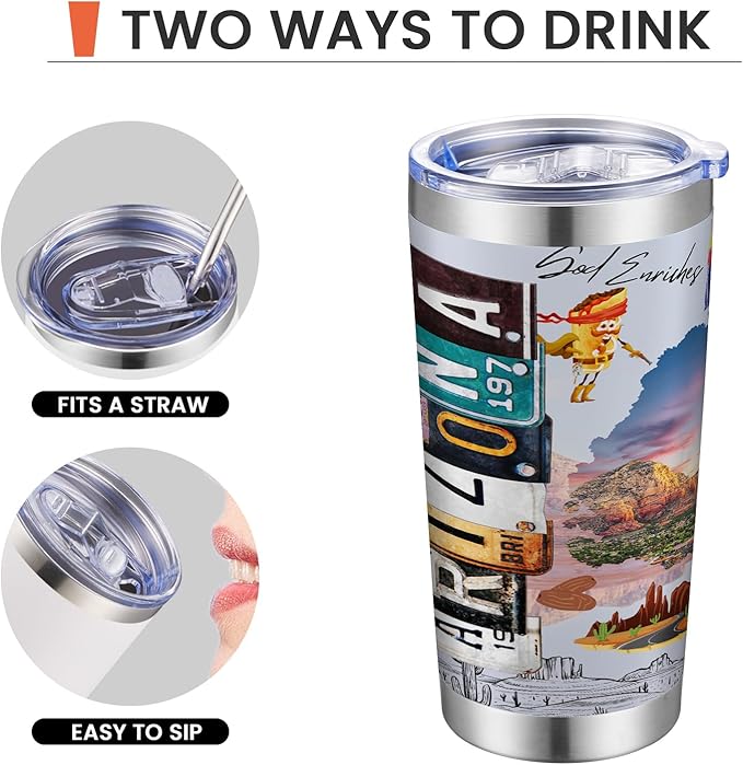 20oz Insulated Tumbler Arizona State Coffee Mug, United States Map Travel Mug Landmark, Birthday Gifts Cute Custom Tumbler Cups with Lid and Straw Mothers Day Gifts