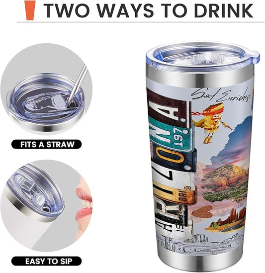 20oz Insulated Tumbler Arizona State Coffee Mug, United States Map Travel Mug Landmark, Birthday Gifts Cute Custom Tumbler Cups with Lid and Straw Mothers Day Gifts