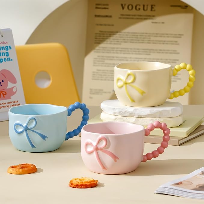 Bow Coffee Mug Yellow Coquette Coffee Mugs Set with Saucer 12 OZ Porcelain Tea Cup Bow Cute Mug for Women Girl